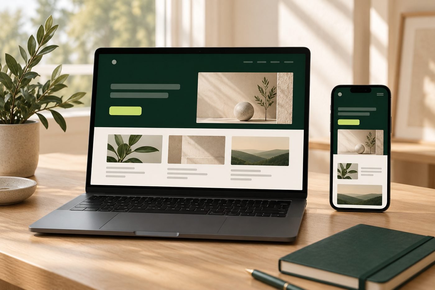 Laptop und Smartphone mit einer Website-Ansicht auf einem Schreibtisch