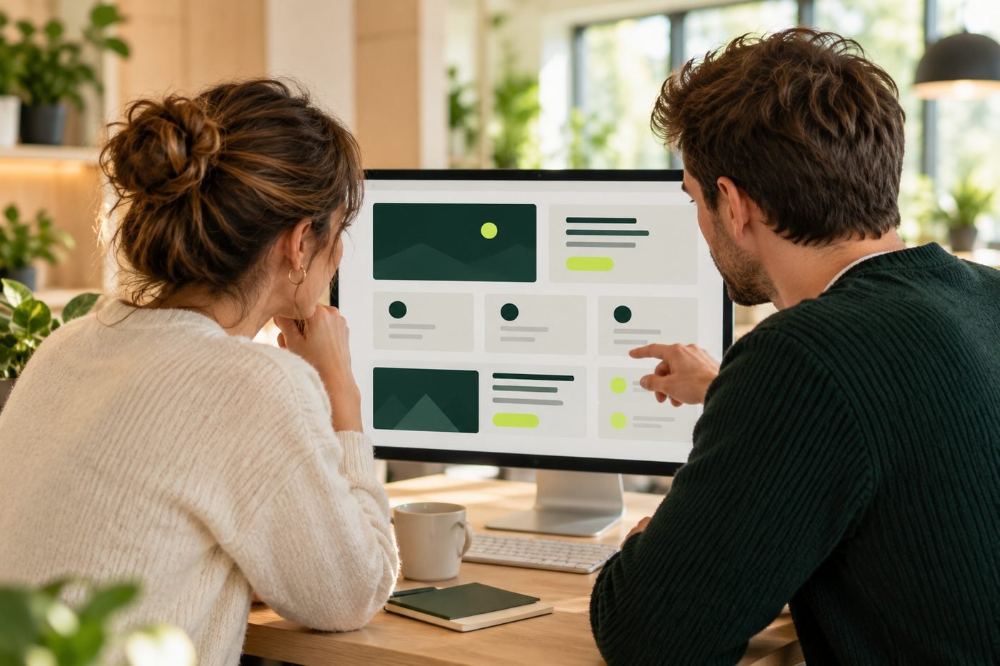 Zwei Kollegen besprechen einen Website-Entwurf (Symbolbild)